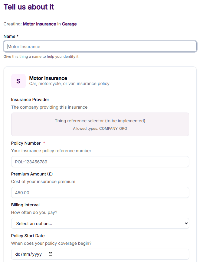 Adding motor insurance to Oosby - track renewals and important dates
