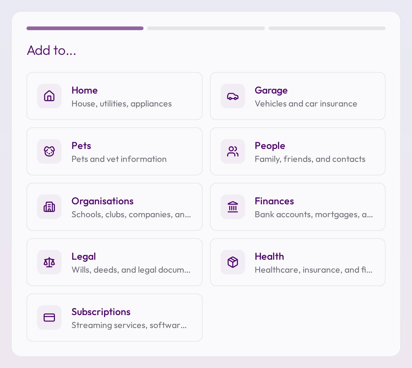 Choosing where a new thing goes in Oosby: Home, Garage, Pets, People, Organisations, Finances, Legal, Health or Subscriptions