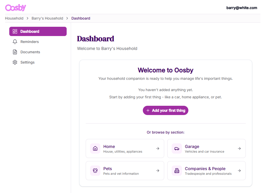 Oosby dashboard showing organized household items and reminders